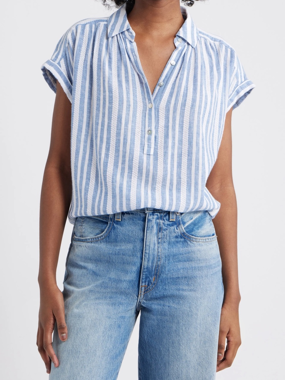 Striped Blue & White Short-Sleeve Popover Blouse